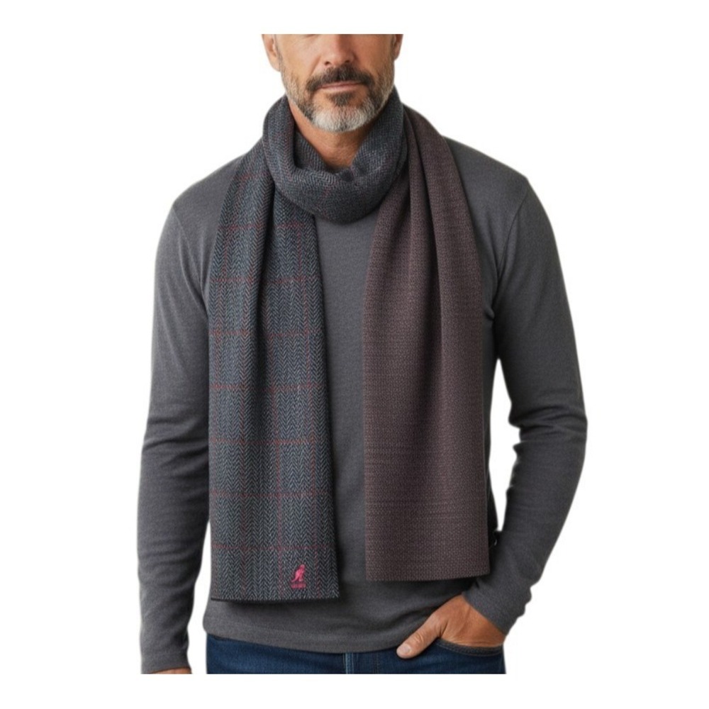Kangol Mens Scarf‎ Black Gray Burgundy Check Knit Acrylic Winter Muffler 59"